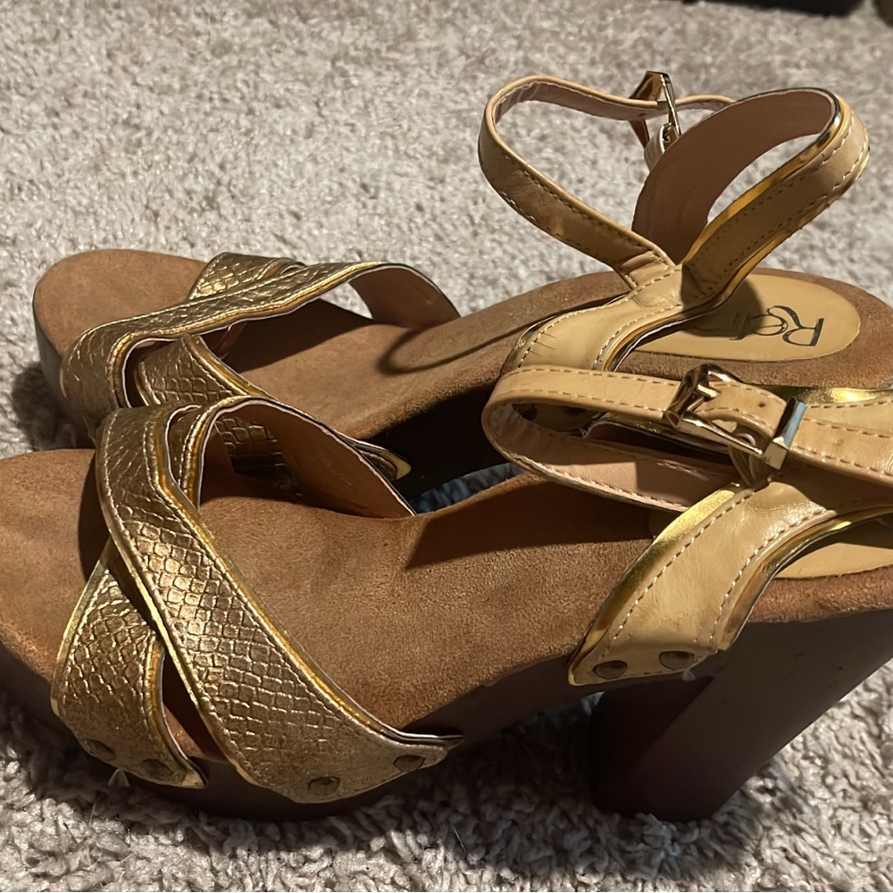Gold Metallic Heels with Ankle Straps and Wedge Heel